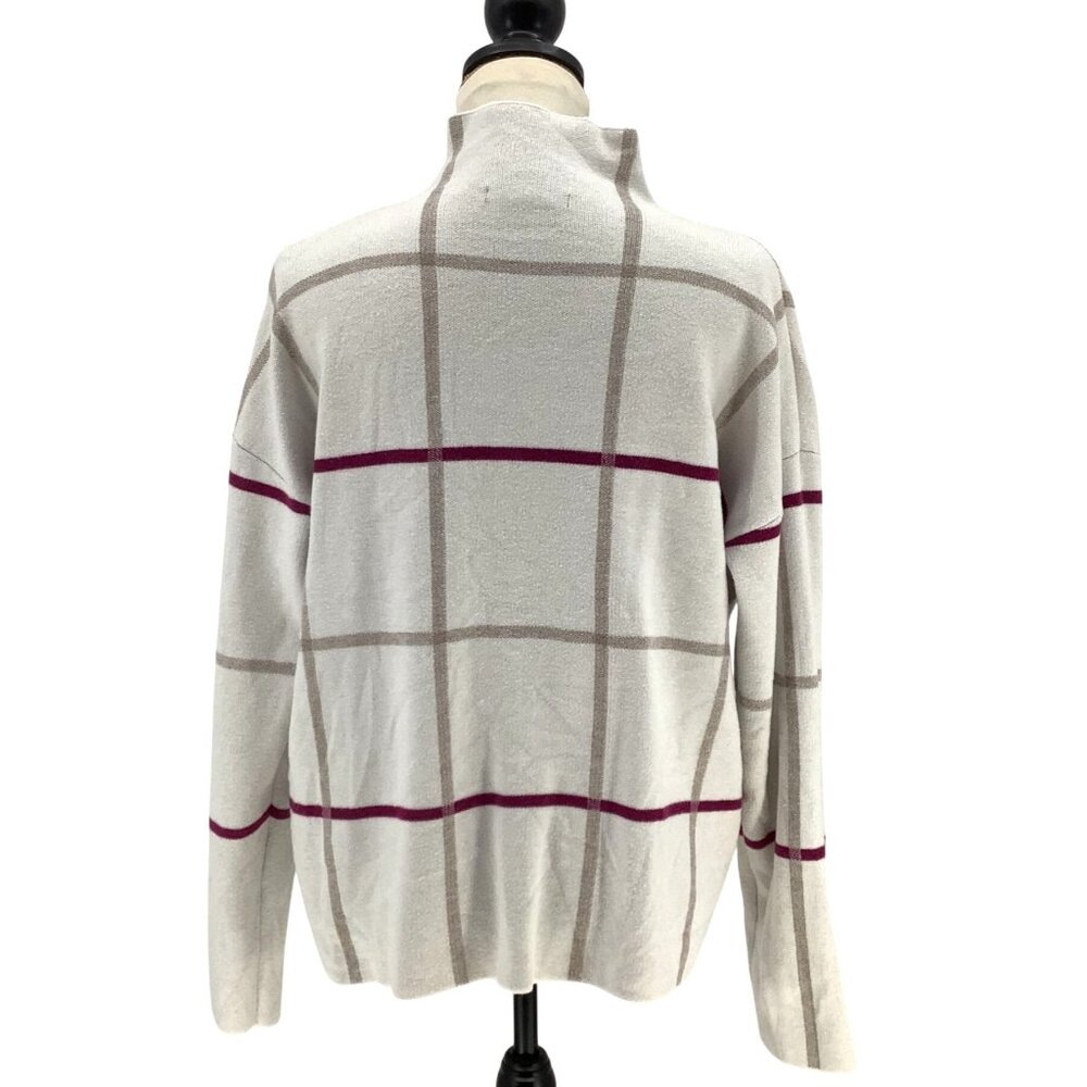 Tahari Womens XL Plaid Mock Neck Sweater Beige Burgundy Rayon Blend - Picture 3 of 6